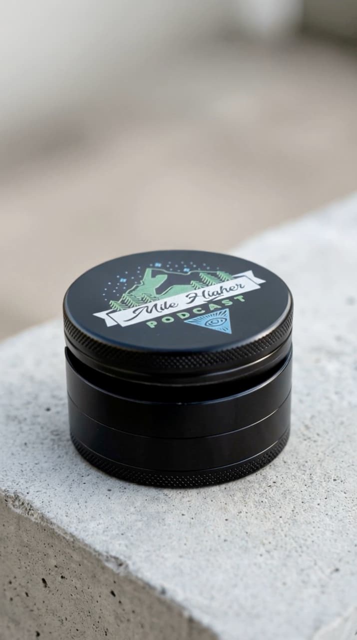 Full-colour UV printed grinder for the Mile Higher Podcast
