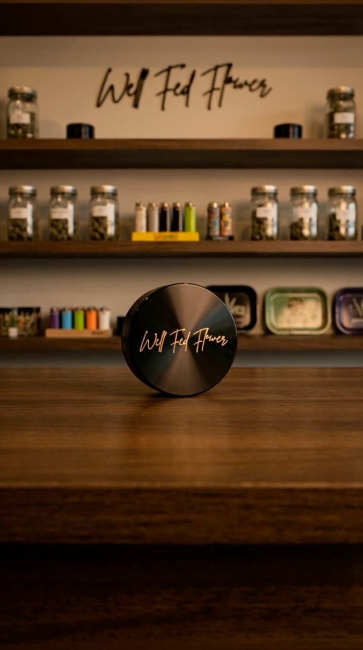 Black grinder with gold engraved Well Fed Flower script on a wooden counter