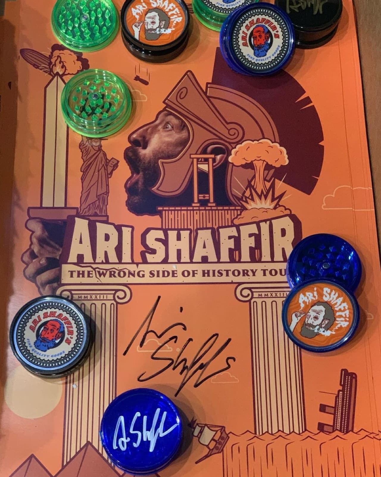 Acrylic grinders with full-colour polycarbonate sticker branding for Ari Shaffir